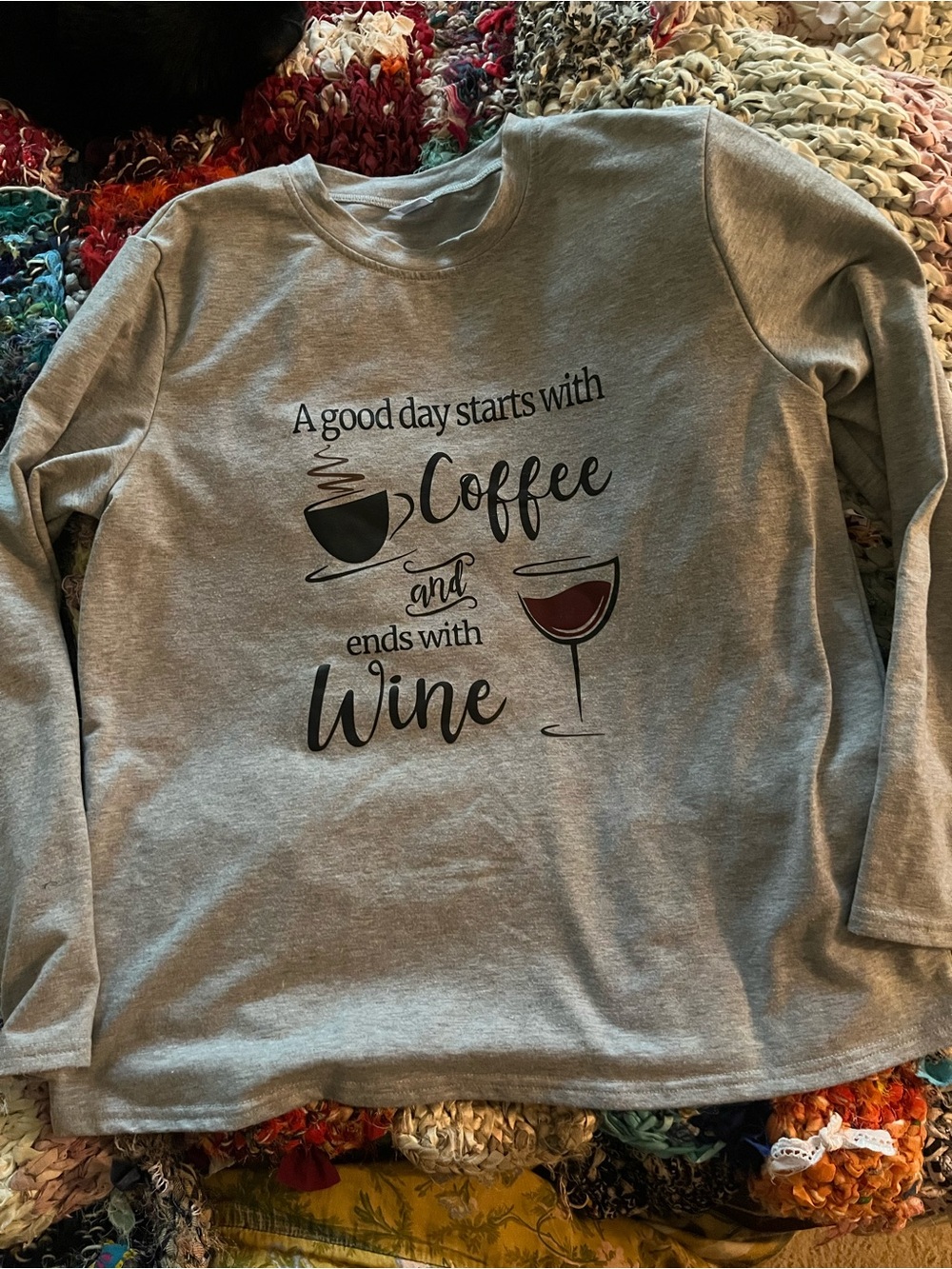 Grey Graphic Sweatshirt "A good day starts with Coffee and ends with Wine"